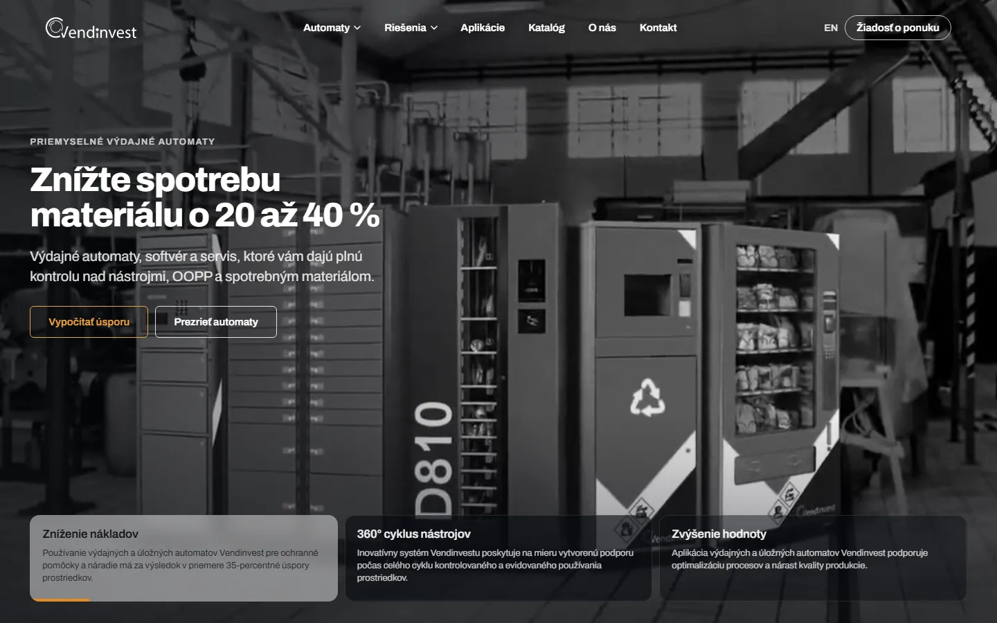 Nový web Vendinvest: úvodná stránka, znížte spotrebu materiálu o 20 až 40 %