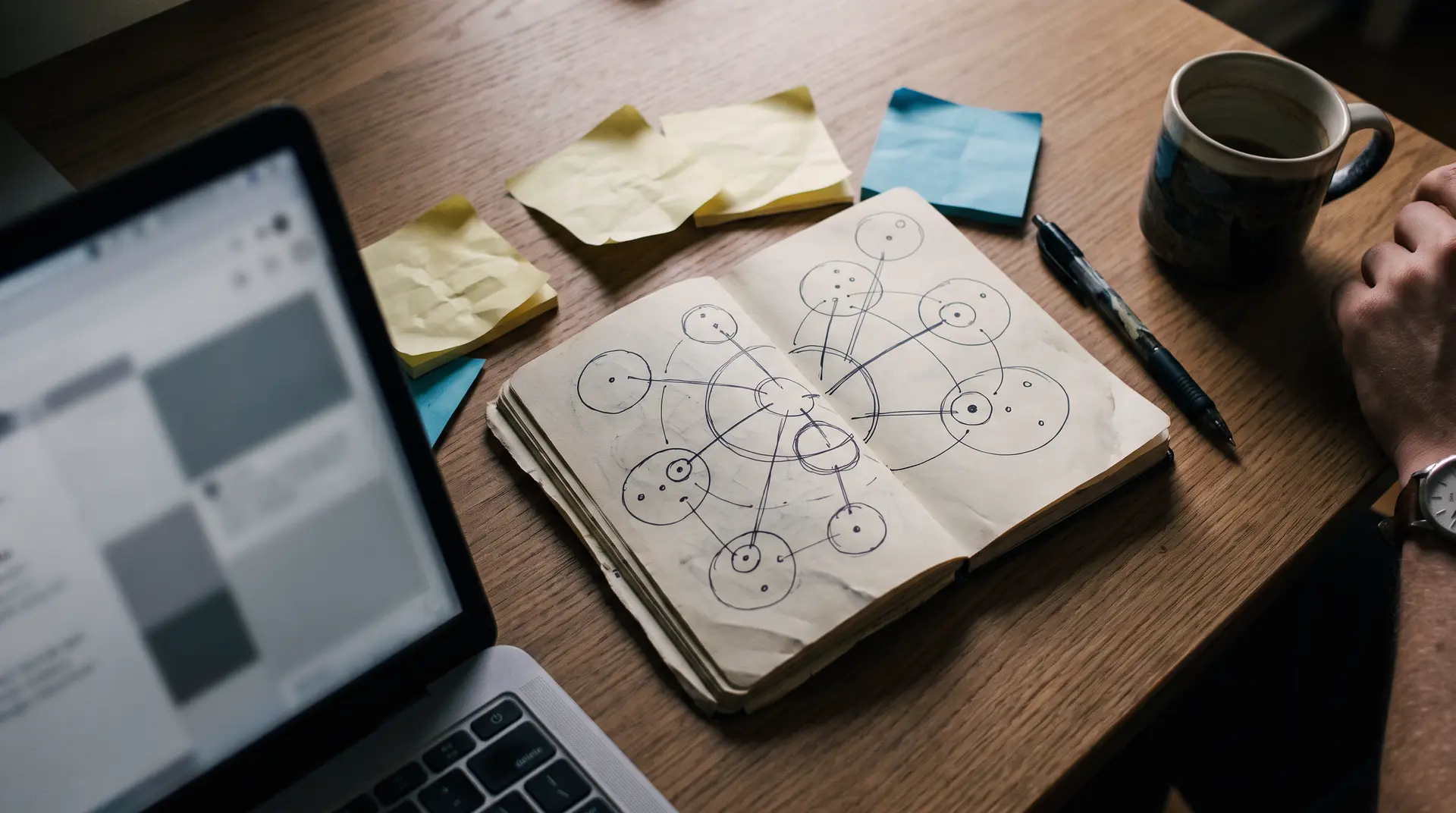 Myšlienková mapa kľúčových slov v zápisníku vedľa notebooku