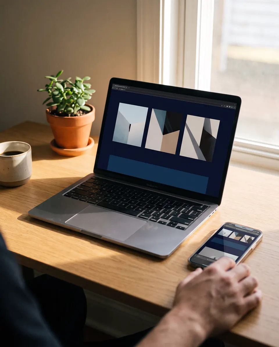Notebook a mobil s rovnakým návrhom webu na stole